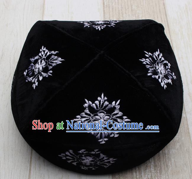 Chinese Traditional Uyghur Minority Embroidered Black Hat Ethnic Xinjiang Folk Dance Headwear for Men