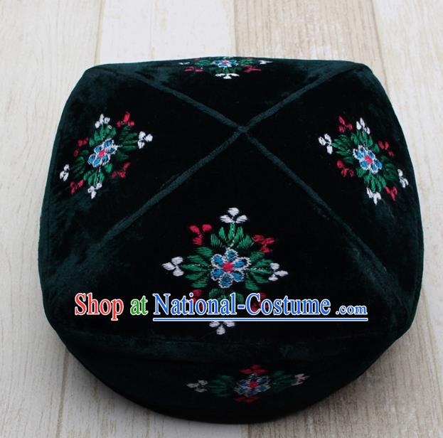 Chinese Traditional Uyghur Minority Embroidered Deep Green Hat Ethnic Xinjiang Folk Dance Headwear for Men