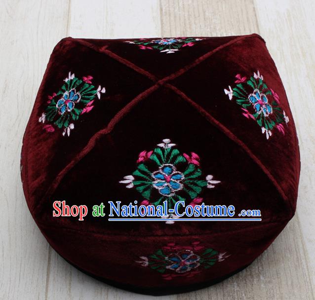 Chinese Traditional Uyghur Minority Embroidered Wine Red Hat Ethnic Xinjiang Folk Dance Headwear for Men