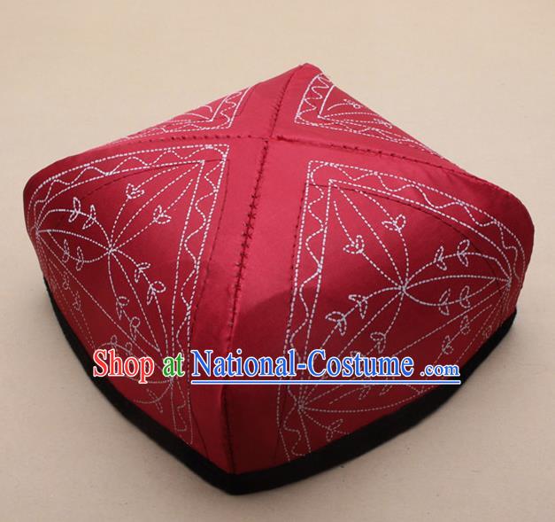 Chinese Traditional Uyghur Minority Red Silk Hat Ethnic Xinjiang Folk Dance Headwear for Men