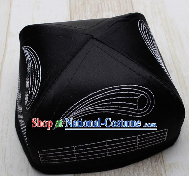 Chinese Traditional Uyghur Minority Black Silk Hat Ethnic Xinjiang Folk Dance Headwear for Men