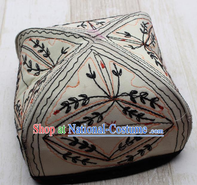 Chinese Traditional Uyghur Minority Beige Silk Hat Ethnic Xinjiang Folk Dance Headwear for Men