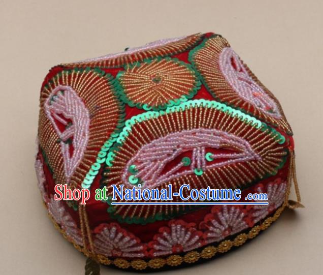 Handmade Chinese Traditional Uyghur Minority Beads Red Hat Ethnic Nationality Folk Dance Headwear for Women