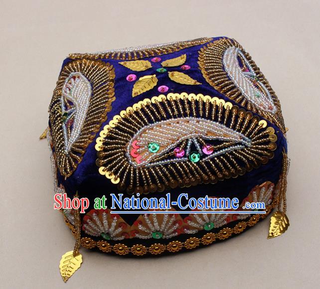 Handmade Chinese Traditional Uyghur Minority Beads Royalblue Hat Ethnic Nationality Folk Dance Headwear for Women