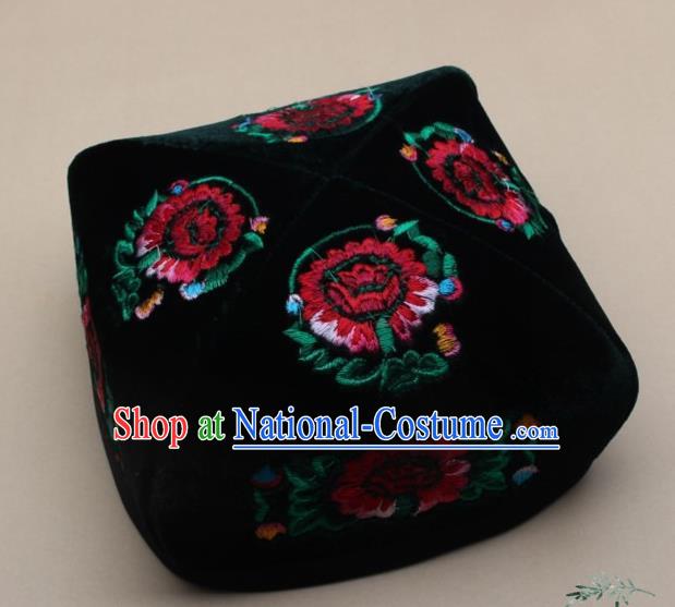 Chinese Traditional Uyghur Minority Dance Embroidered Red Flowers Hat Xinjiang Ethnic Headwear for Men