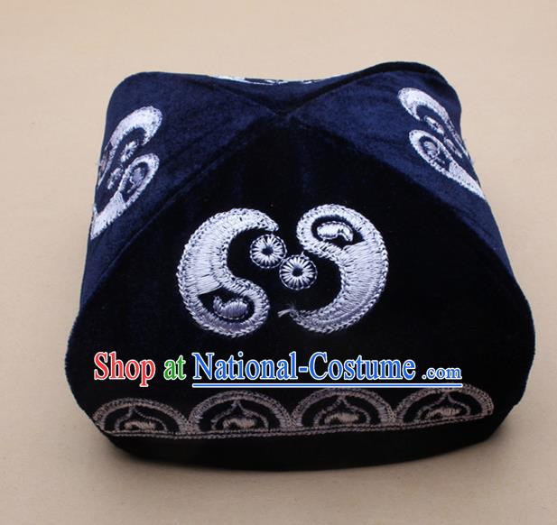 Chinese Traditional Uyghur Minority Dance Embroidered Navy Hat Xinjiang Ethnic Headwear for Men