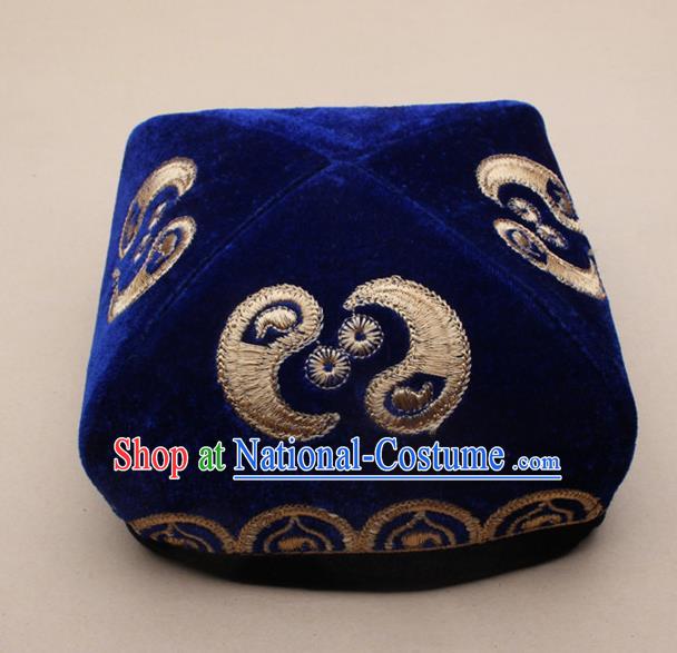 Chinese Traditional Uyghur Minority Dance Embroidered Royalblue Hat Xinjiang Ethnic Headwear for Men