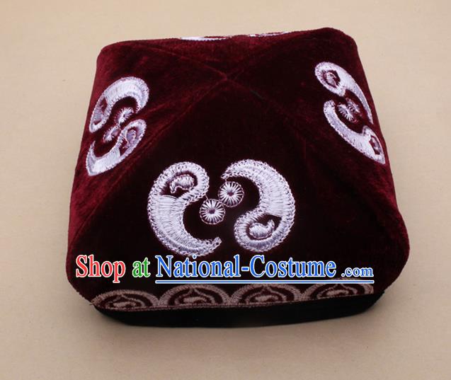 Chinese Traditional Uyghur Minority Dance Embroidered Wine Red Hat Xinjiang Ethnic Headwear for Men