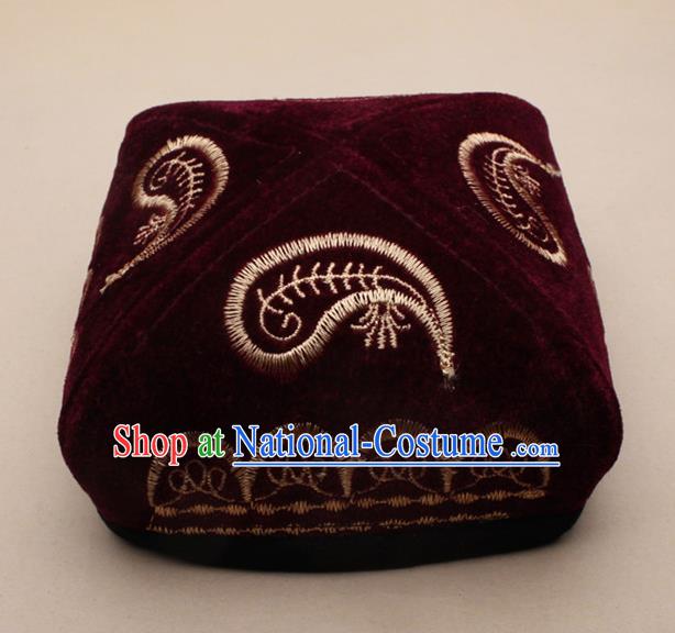 Chinese Traditional Uyghur Minority Dance Embroidered Wine Red Velvet Hat Xinjiang Ethnic Headwear for Men