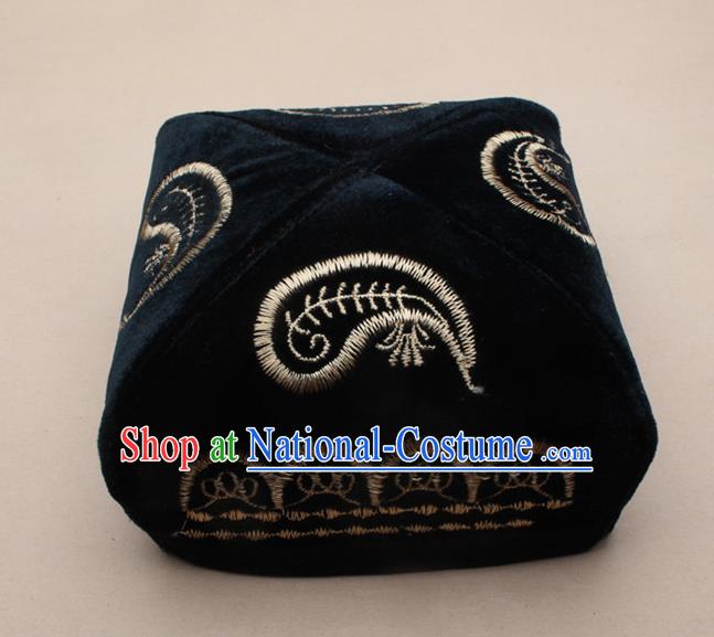 Chinese Traditional Uyghur Minority Dance Embroidered Black Velvet Hat Xinjiang Ethnic Headwear for Men