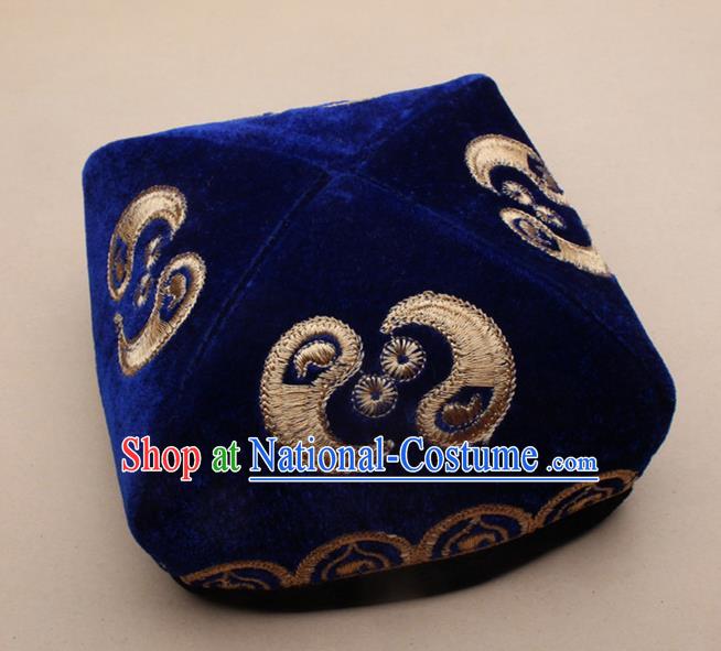 Chinese Traditional Uyghur Minority Dance Embroidered Royalblue Velvet Hat Xinjiang Ethnic Headwear for Men