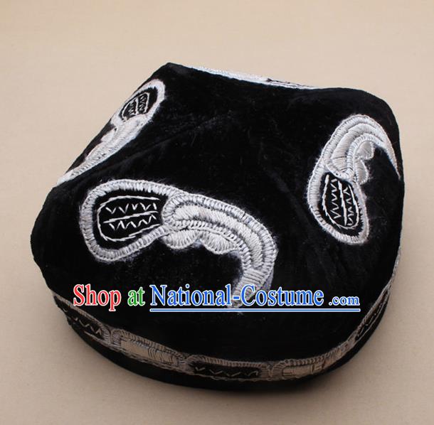 Chinese Traditional Uyghur Minority Dance Black Embroidered Hat Xinjiang Ethnic Headwear for Men