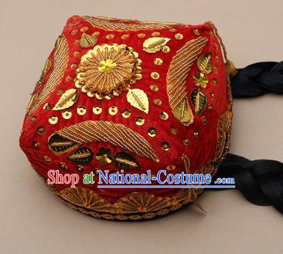 Handmade Chinese Traditional Uyghur Minority Dance Red Hat Ethnic Nationality Headwear for Women