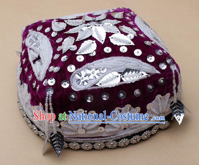 Handmade Chinese Traditional Uyghur Minority Dance Purple Hat Ethnic Nationality Headwear for Women