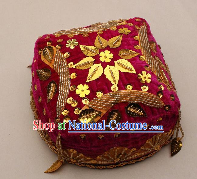 Handmade Chinese Traditional Uyghur Minority Dance Rosy Hat Ethnic Nationality Headwear for Women