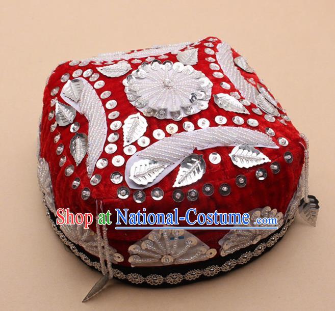 Handmade Chinese Traditional Uyghur Minority Dance Red Hat Ethnic Nationality Headwear for Women