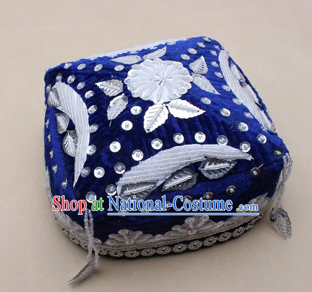 Handmade Chinese Traditional Uyghur Minority Dance Royalblue Hat Ethnic Nationality Headwear for Women