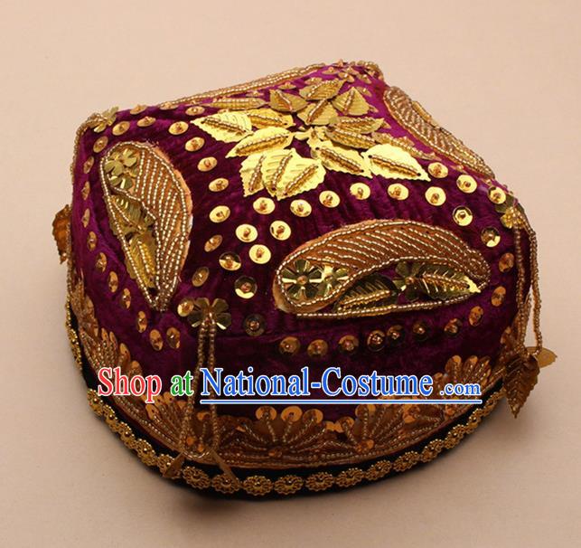 Handmade Chinese Traditional Uyghur Minority Dance Beads Purple Hat Ethnic Nationality Headwear for Women