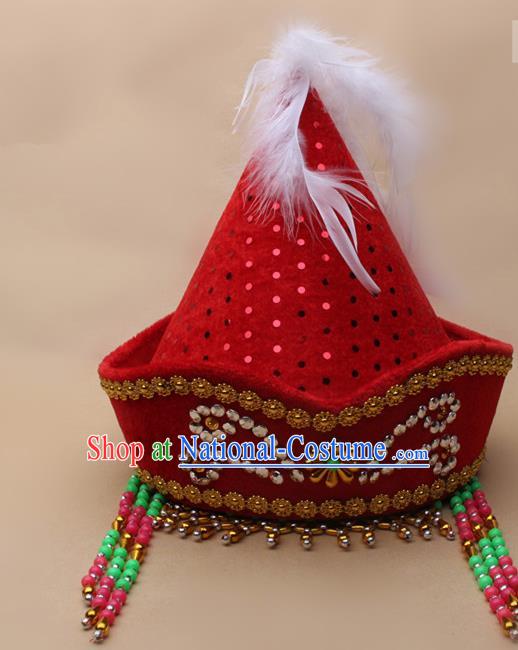 Handmade Chinese Traditional Mongol Minority Dance Red Hat Ethnic Nationality Headwear for Women