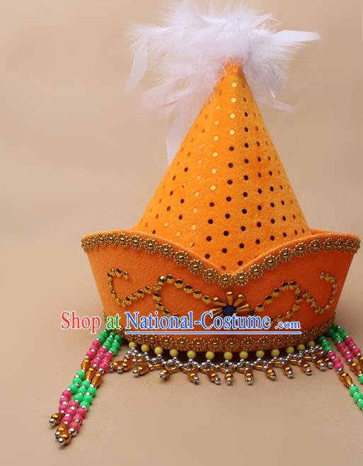 Handmade Chinese Traditional Mongol Minority Dance Yellow Hat Ethnic Nationality Headwear for Women