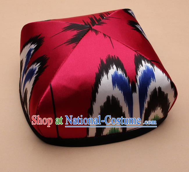 Handmade Chinese Traditional Uyghur Minority Dance Wine Red Hat Ethnic Nationality Headwear for Women