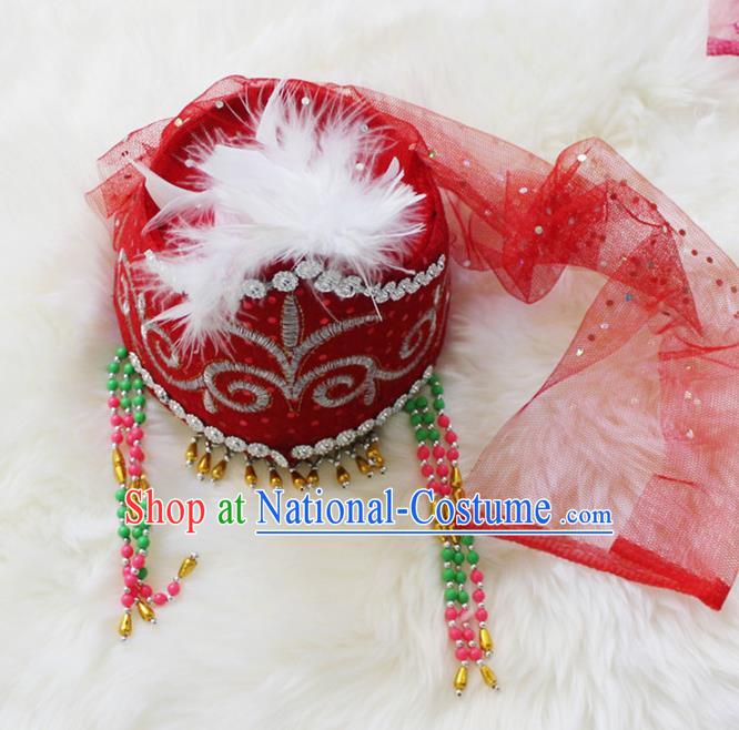 Handmade Chinese Traditional Kazak Minority Dance Red Veil Hat Ethnic Nationality Headwear for Women