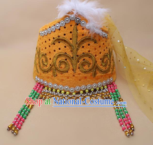 Handmade Chinese Traditional Kazak Minority Dance Yellow Veil Hat Ethnic Nationality Headwear for Women