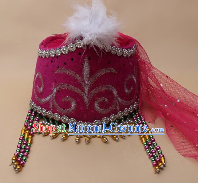 Handmade Chinese Traditional Kazak Minority Dance Rosy Veil Hat Ethnic Nationality Headwear for Women