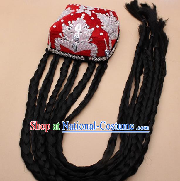 Chinese Traditional Uyghur Minority Dance Braid Red Hat Xinjiang Ethnic Nationality Headwear for Women