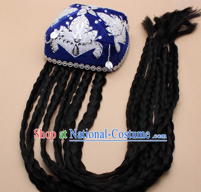 Chinese Traditional Uyghur Minority Dance Braid Royalblue Hat Xinjiang Ethnic Nationality Headwear for Women