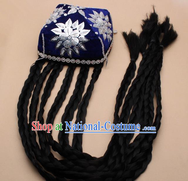 Chinese Traditional Uyghur Minority Dance Braid Paillette Blue Hat Xinjiang Ethnic Nationality Headwear for Women