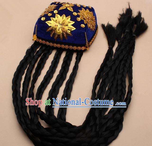 Chinese Traditional Uyghur Minority Dance Braid Paillette Royalblue Hat Xinjiang Ethnic Nationality Headwear for Women