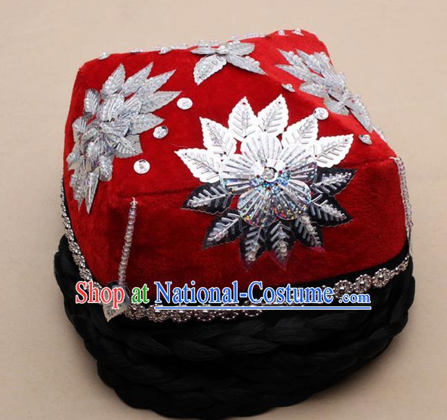 Chinese Traditional Uyghur Minority Dance Braid Paillette Red Hat Xinjiang Ethnic Nationality Headwear for Women