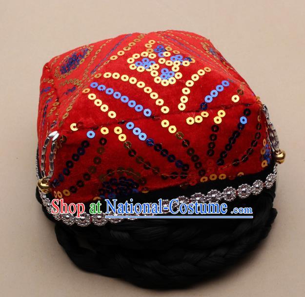 Chinese Traditional Uyghur Minority Dance Bells Red Hat Xinjiang Ethnic Nationality Headwear for Women