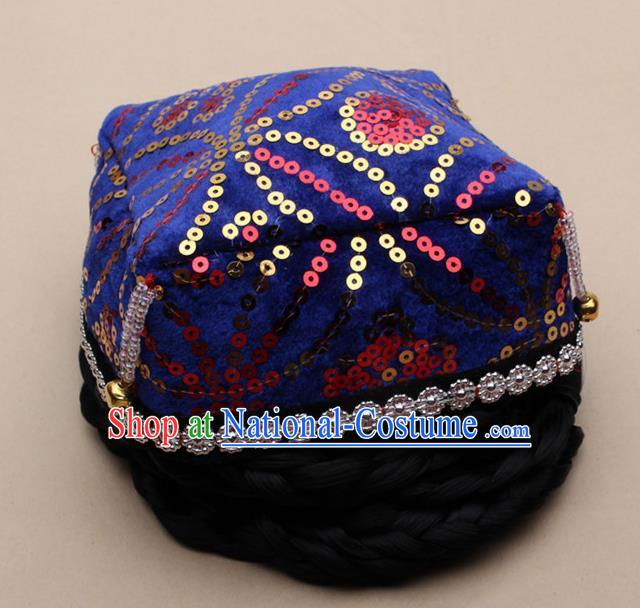 Chinese Traditional Uyghur Minority Dance Bells Royalblue Hat Xinjiang Ethnic Nationality Headwear for Women