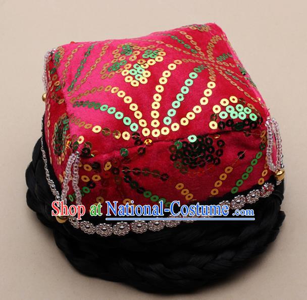 Chinese Traditional Uyghur Minority Dance Bells Rosy Hat Xinjiang Ethnic Nationality Headwear for Women