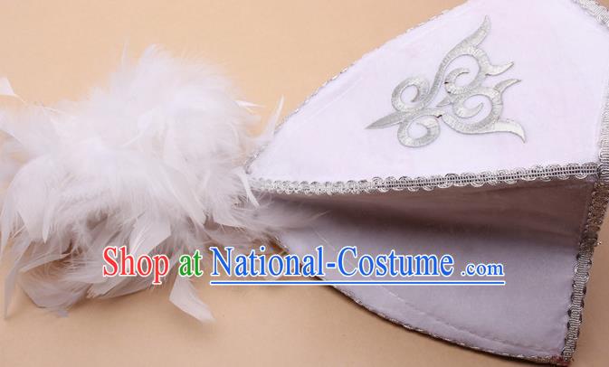 Handmade Chinese Traditional Kazak Minority Feather White Hat Ethnic Nationality Folk Dance Headwear for Women