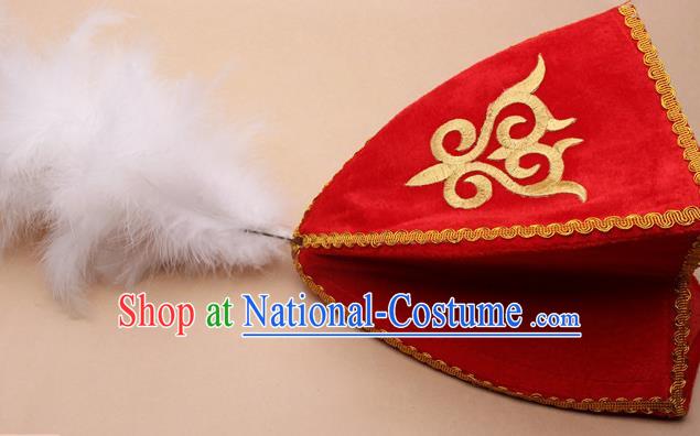 Handmade Chinese Traditional Kazak Minority Feather Red Hat Ethnic Nationality Folk Dance Headwear for Women