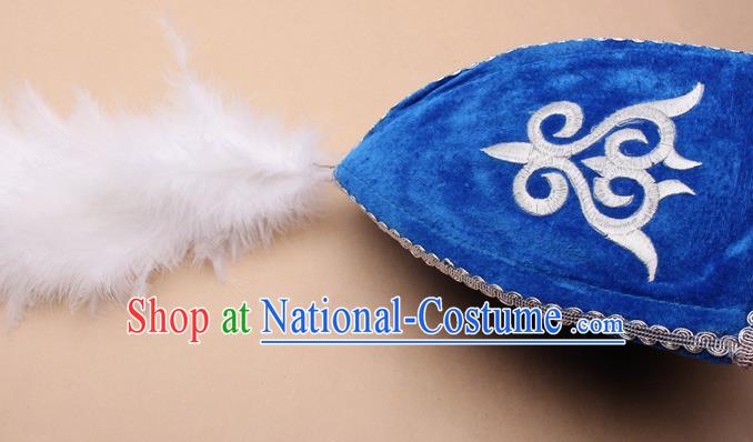 Handmade Chinese Traditional Kazak Minority Feather Blue Hat Ethnic Nationality Folk Dance Headwear for Women