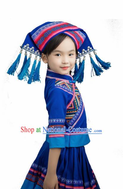 Chinese Traditional Zhuang Nationality Blue Blouse and Skirt Ethnic Minority Folk Dance Stage Show Costume for Kids