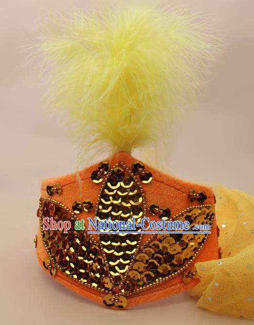 Chinese Traditional Xinjiang Ethnic Dance Yellow Feather Hat Uyghur Minority Nationality Headwear for Women