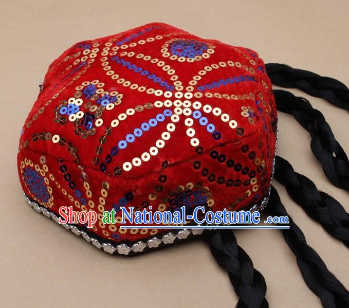 Chinese Traditional Xinjiang Ethnic Dance Hexagon Red Hat Uyghur Minority Nationality Headwear for Kids