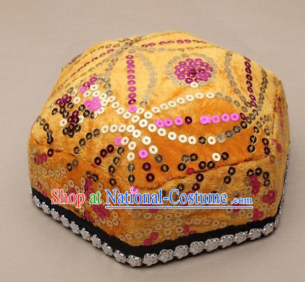 Chinese Traditional Xinjiang Ethnic Dance Hexagon Yellow Hat Uyghur Minority Nationality Headwear for Kids