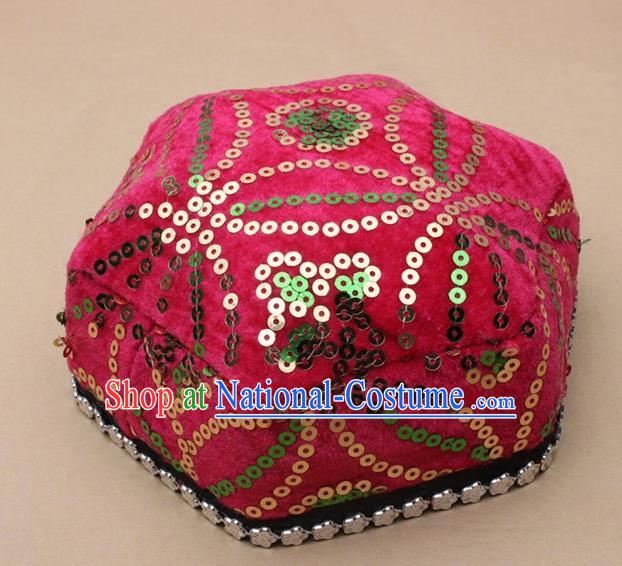 Chinese Traditional Xinjiang Ethnic Dance Hexagon Rosy Hat Uyghur Minority Nationality Headwear for Kids