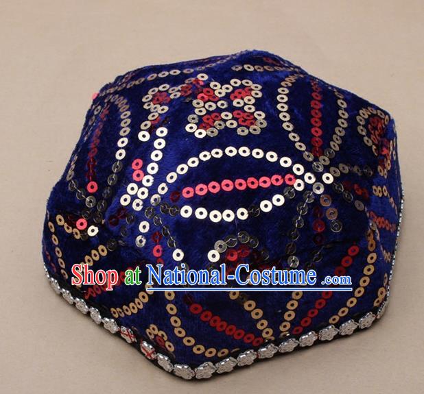 Chinese Traditional Xinjiang Ethnic Dance Hexagon Deep Blue Hat Uyghur Minority Nationality Headwear for Kids