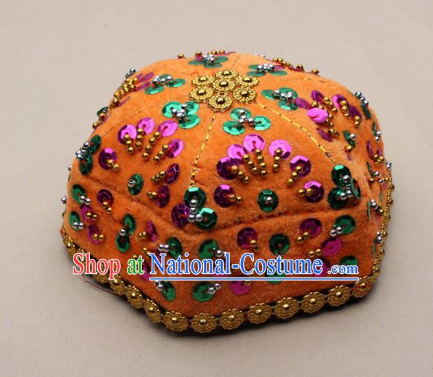 Chinese Traditional Xinjiang Ethnic Dance Paillette Yellow Hexagon Hat Uyghur Minority Nationality Headwear for Kids