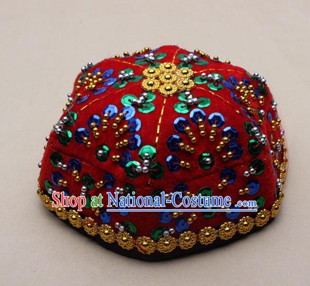 Chinese Traditional Xinjiang Ethnic Dance Paillette Red Hexagon Hat Uyghur Minority Nationality Headwear for Kids