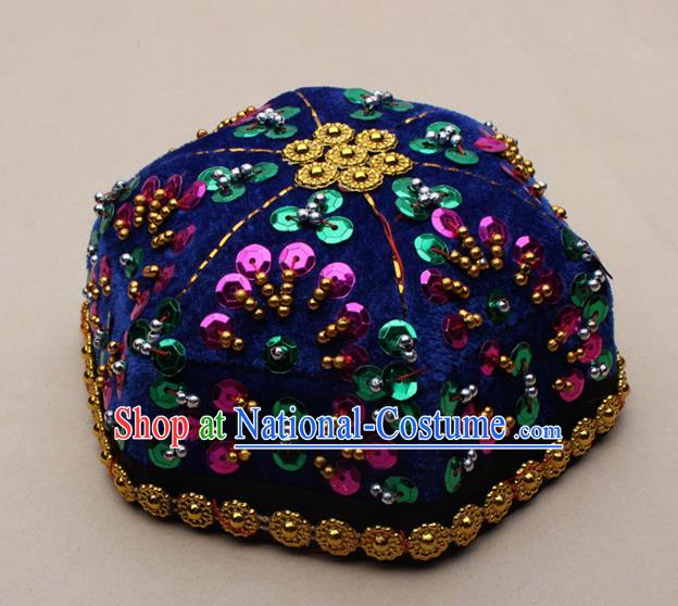 Chinese Traditional Xinjiang Ethnic Dance Paillette Deep Blue Hexagon Hat Uyghur Minority Nationality Headwear for Kids