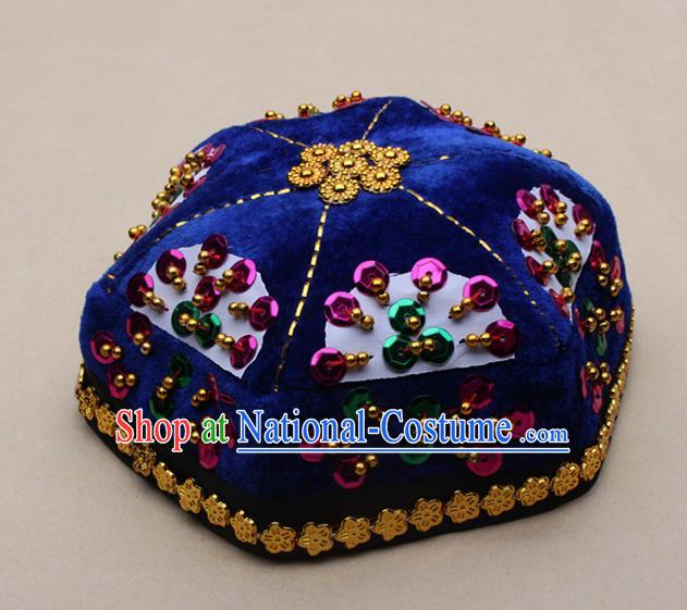 Chinese Traditional Xinjiang Ethnic Dance Paillette Royalblue Hexagon Hat Uyghur Minority Nationality Headwear for Kids