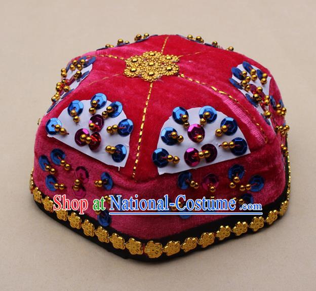 Chinese Traditional Xinjiang Ethnic Dance Paillette Rosy Hexagon Hat Uyghur Minority Nationality Headwear for Kids